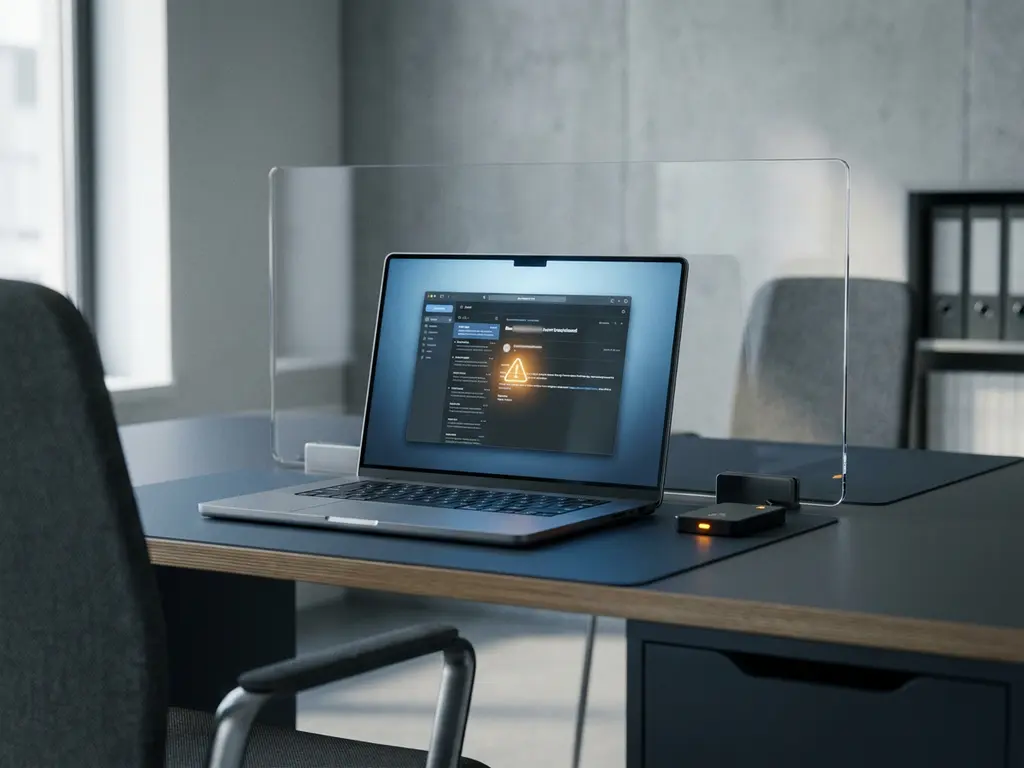 Laptop mit verdächtiger E-Mail in blauem Bildschirmlicht, transparente Schutzbarriere, minimalistischer Arbeitsplatz mit Amber-Warnton.