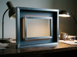 Aluminium-Browserrahmen auf dunklem Schreibtisch mit kleinerem verschachteltem Rahmen, der eine Täuschung erzeugt, mit warmem Warnschimmer.