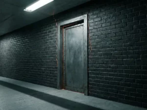 Verwitterte Backsteinwand mit verstärkter Stahltür im kargen Unternehmensflur, dramatisches Seitenlicht und Lichtschein durch Mauerritze.