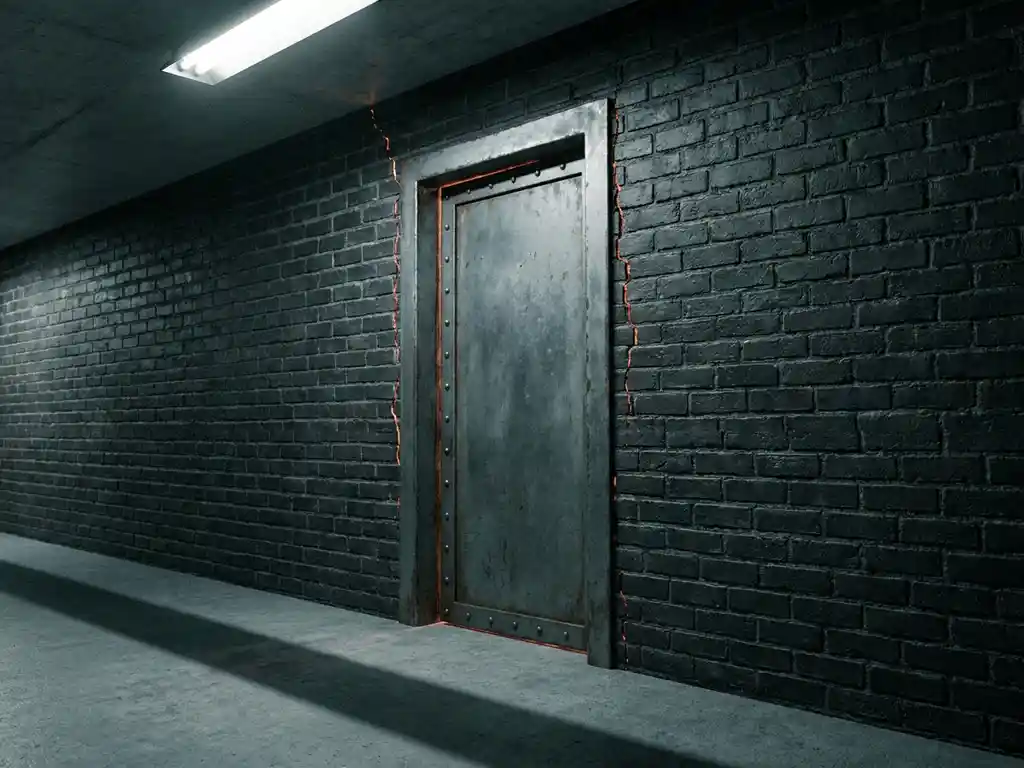 Verwitterte Backsteinwand mit verstärkter Stahltür im kargen Unternehmensflur, dramatisches Seitenlicht und Lichtschein durch Mauerritze.