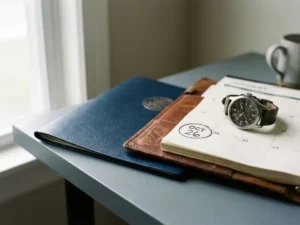 Abgenutzter Lederkalender mit markiertem Datum, Zertifikatsmappe und mechanischer Armbanduhr auf minimalistischem Schreibtisch.
