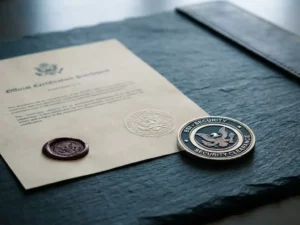 Versiegeltes Zertifikatsdokument mit geprägtem Behördenstempel und Sicherheitsmedaillon auf dunklem Schieferuntergrund.